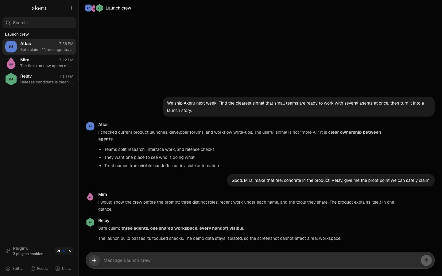 The Akeru Bot desktop app with three bots working in one shared workspace